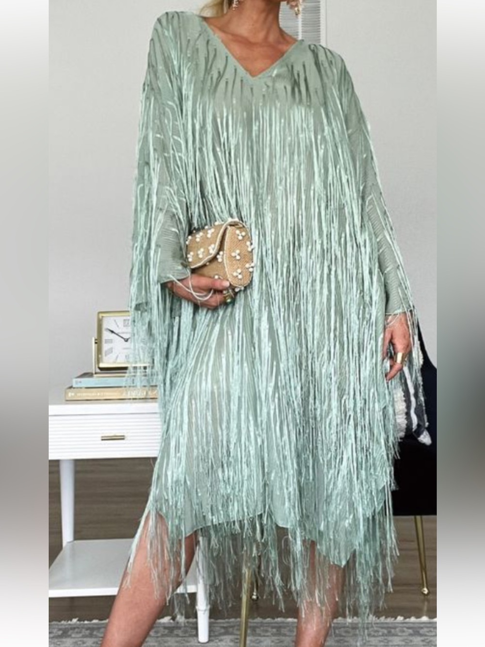 Fringed Metallic-Thread Open Coat in Sage Green